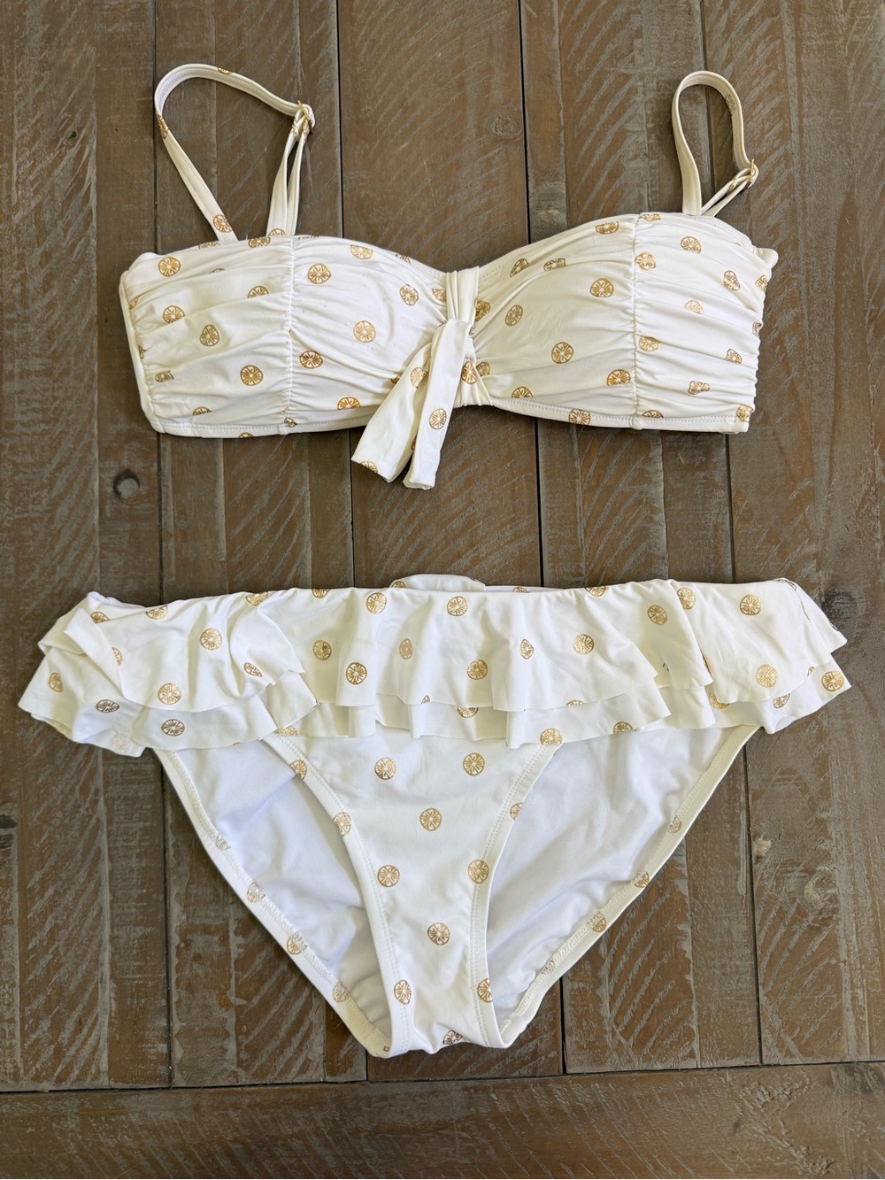 Vintage Lilly Pulitzer White & Gold Foil Coin Ruffle Bikini Set